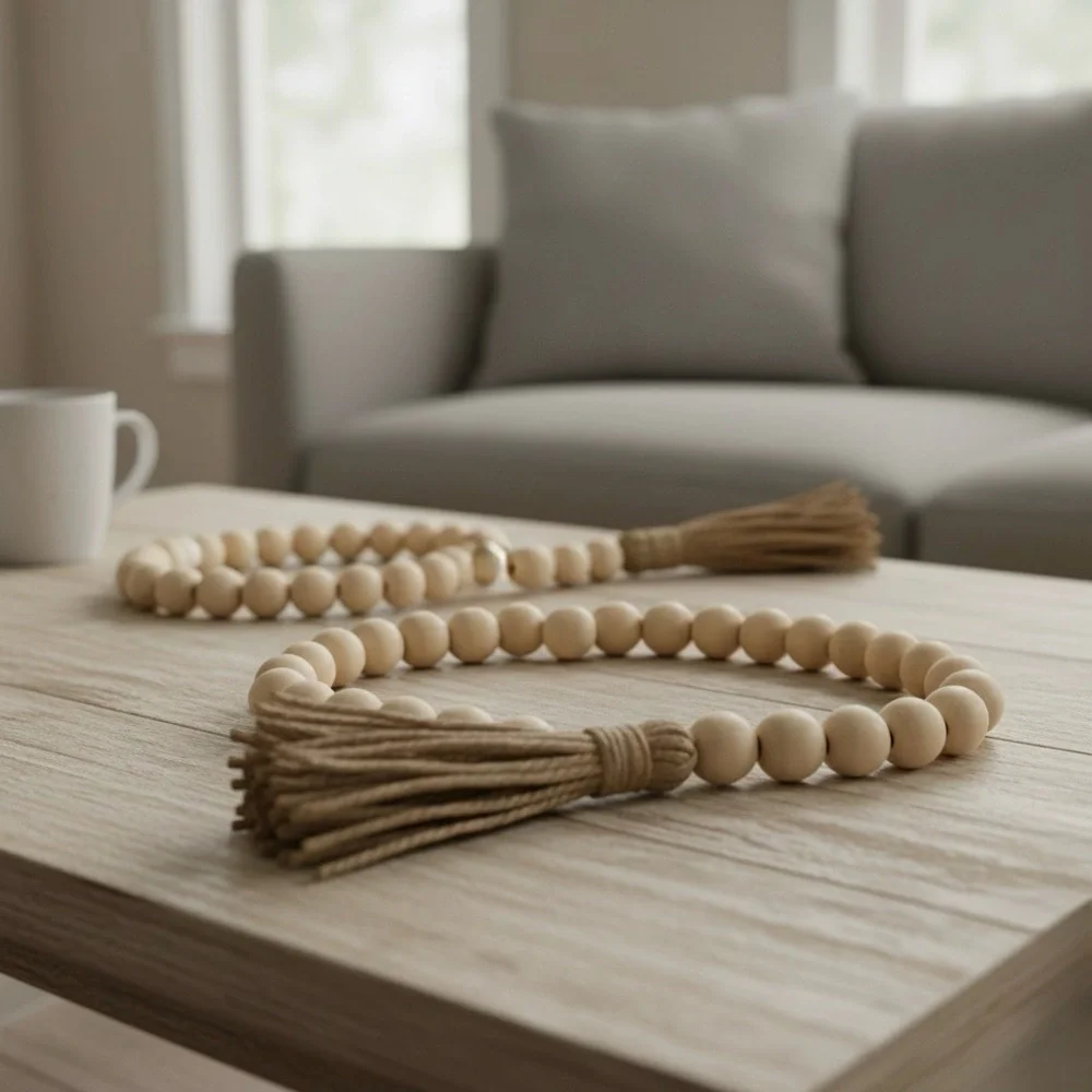Handmade Wood Bead Garland | 58” Boho Farmhouse Tassel Decor | Gift Ready - Picture 4 of 16